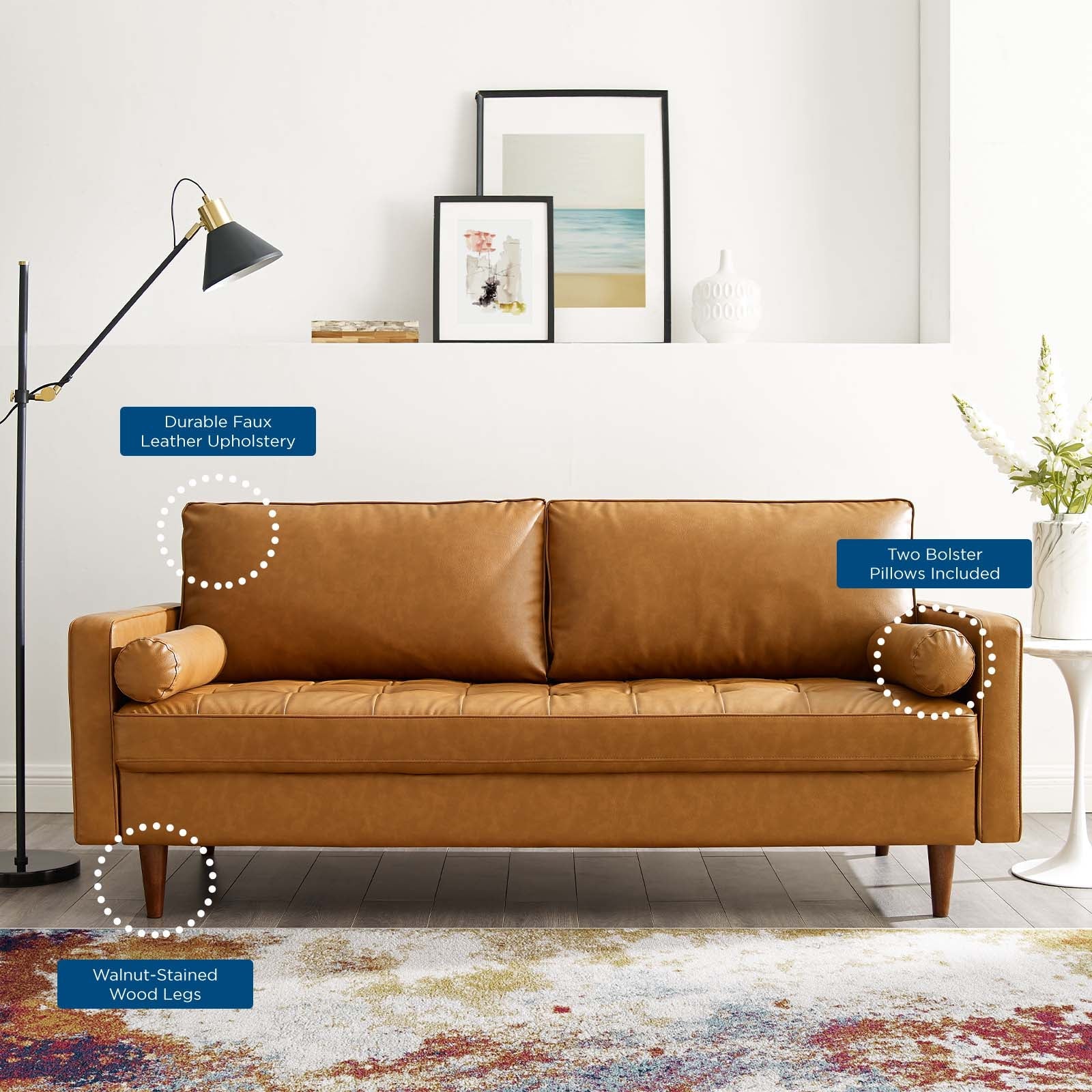 Valour Tufted Vegan Leather Sofa Tan