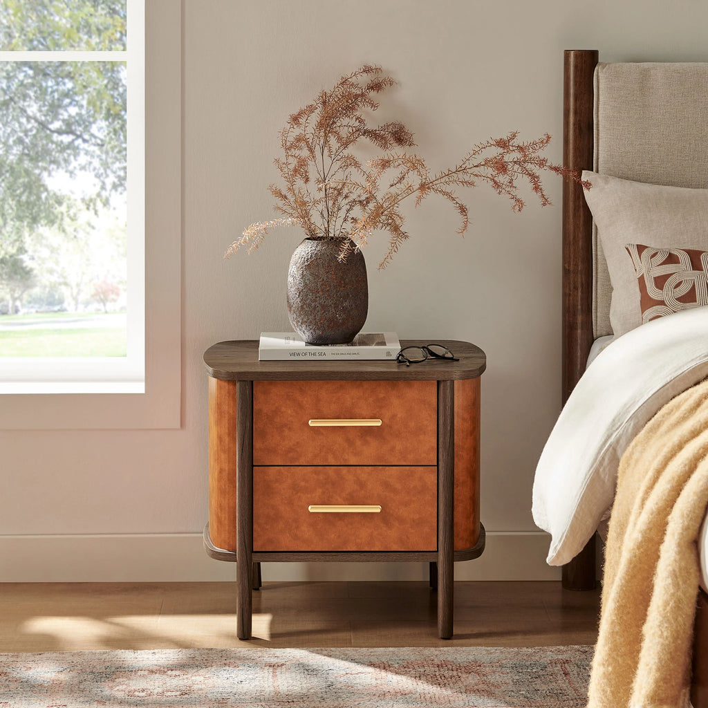 Coralie 2-Drawer Curved Vegan Leather Nightstand