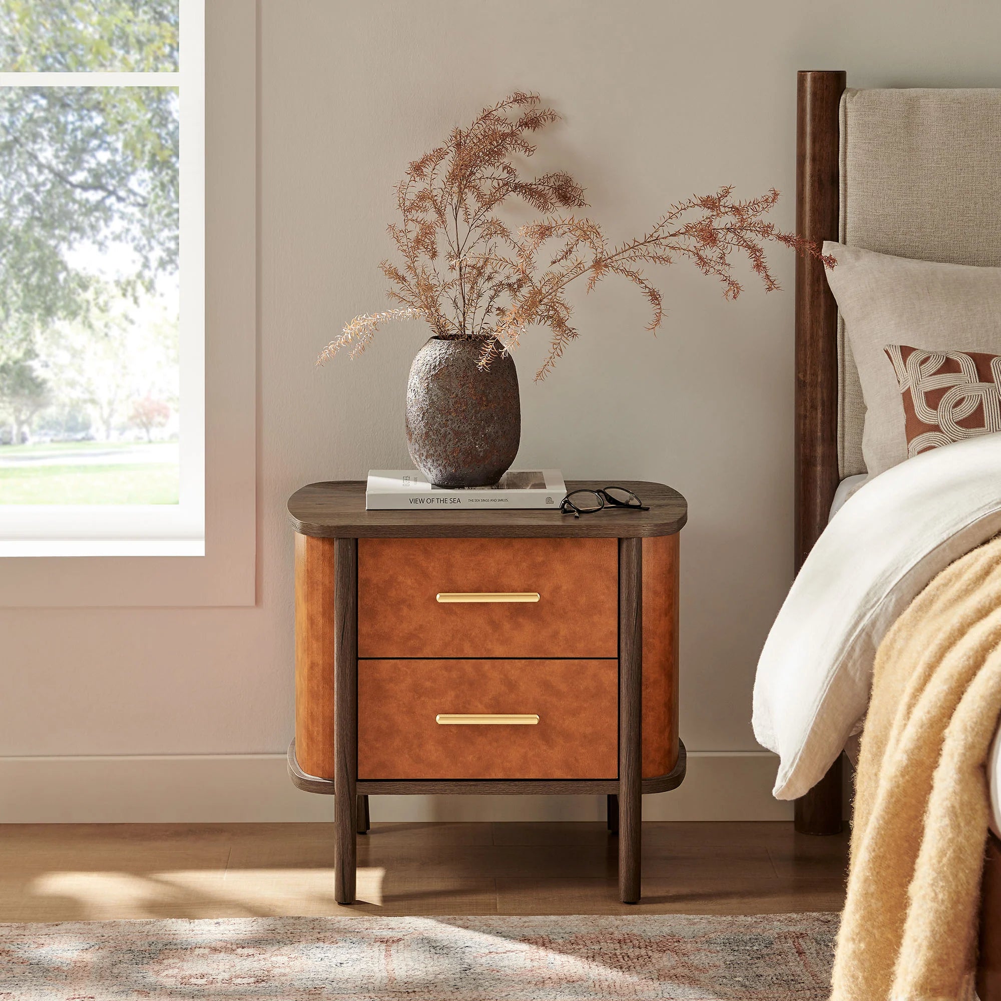 Coralie 2-Drawer Curved Vegan Leather Nightstand
